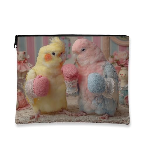 Niedliche Make-up-Tasche mit Vogelmotiv, bezauberndes Vogelmuster, Kosmetiktasche für Damen, tragbare kleine Canvas-Reißverschluss-Organizer, perfekte Wahl für Frühling und Ostern, gelb, 7x9 Inch von Generic