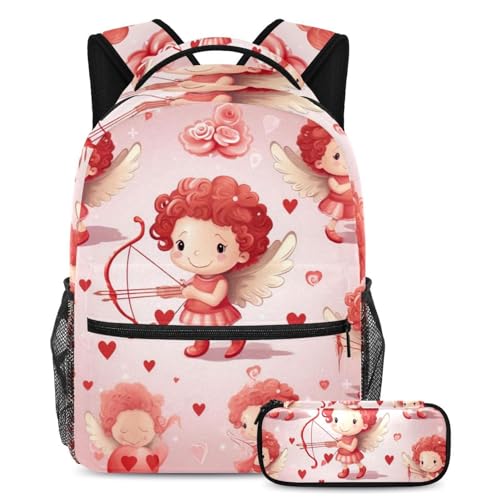 Niedlicher Amor-Rucksack mit Federmäppchen, 2-teiliges Schultaschen-Set für Jungen, Mädchen, Teenager, Reisebuchtasche für Studenten, Mehrfarbig Nr. 05, B：29.4x20x40cm P：19x7.5x3.8cm, Tagesrucksäcke von Generic