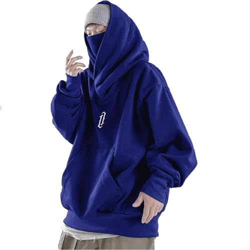 Ninja Hoodie Herren, Harajuku Pullover mit Kapuze Y2k Kapuzenpullover Hip Hop Schalkragen Rollkragenpullover Vintage Double Neckline Hoodie Oversized Fleece Sweatshirts Streetwear von Generic