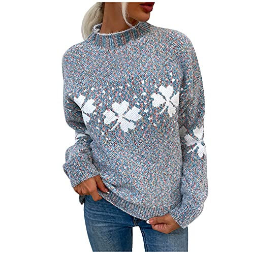 Norweger Pullover Damen Blume Herbst Winter Strickpullover Langarm Winterpullover Warm Schneeflocke Sweatshirt Rundhals Sweater Jumpers Island Strickpulli Frauen Oberteile Pulli Damenpullover von Generic