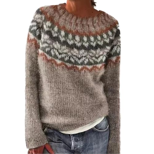 Norweger Pullover Damen Große Größen Strickpullover Rundhals Pulli Langarm Sweater Norwegermuster Warme Winterpullover Oberteile Lockere Jumpers Klamotten Teenager Mädchen Herbstmode,A Kaffee,XXL von Generic