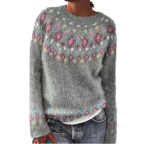 Norweger Pullover Damen Große Größen Strickpullover Rundhals Pulli Langarm Sweater Norwegermuster Warme Winterpullover Oberteile Lockere Jumpers Klamotten Teenager Mädchen Herbstmode,A Hellgrau,5XL von Generic