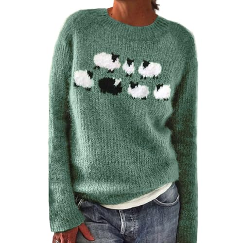 Norweger Pullover Damen Große Größen Strickpullover Rundhals Pulli Langarm Sweater Norwegermuster Warme Winterpullover Oberteile Lockere Jumpers Klamotten Teenager Mädchen Herbstmode,A Mintgrün,XL von Generic