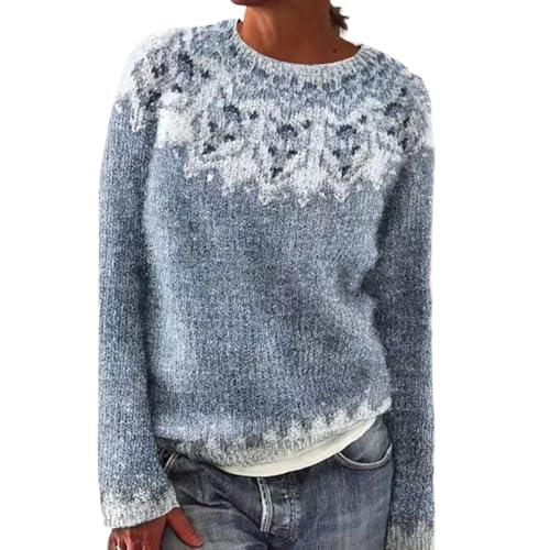 Norweger Pullover Damen Große Größen Strickpullover Rundhals Pulli Langarm Sweater Norwegermuster Warme Winterpullover Oberteile Lockere Jumpers Klamotten Teenager Mädchen Herbstmode,A Himmelblau,M von Generic