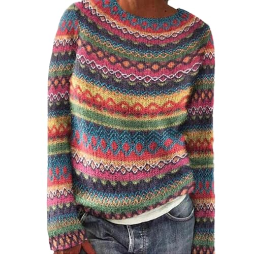 Norweger Pullover Damen Große Größen Strickpullover Rundhals Pulli Langarm Sweater Norwegermuster Warme Winterpullover Oberteile Lockere Jumpers Klamotten Teenager Mädchen Winter Herbstmode,A Rosa,L von Generic