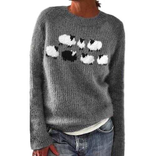 Norweger Pullover Damen Große Größen Strickpullover Rundhals Pulli Langarm Sweater Norwegermuster Warme Winterpullover Oberteile Lockere Jumpers Klamotten Teenager Mädchen Winter Herbstmode,A Grau,XL von Generic