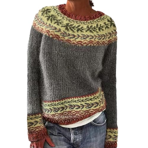 Norweger Pullover Damen Große Größen Strickpullover Rundhals Pulli Langarm Sweater Norwegermuster Warme Winterpullover Oberteile Lockere Jumpers Klamotten Teenager Mädchen Winter Herbstmode,A Gelb,XL von Generic