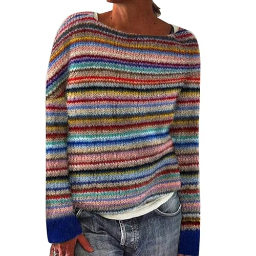 Norweger Pullover Damen Große Größen Strickpullover Rundhals Pulli Langarm Sweater Norwegermuster Warme Winterpullover Oberteile Lockere Jumpers Klamotten Teenager Mädchen Winter Herbstmode,A Braun,M von Generic