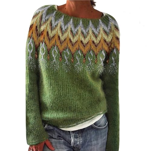 Norweger Pullover Damen Große Größen Strickpullover Rundhals Pulli Langarm Sweater Norwegermuster Warme Winterpullover Oberteile Lockere Jumpers Klamotten Winter Herbstmode,B Hellgrün,L von Generic