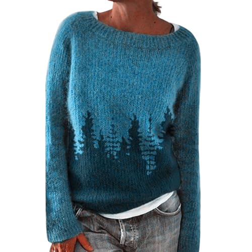 Norweger Pullover Damen Große Größen Strickpullover Rundhals Pulli Langarm Sweater Norwegermuster Warme Winterpullover Oberteile Lockere Jumpers Klamotten Winter Herbstmode,B Himmelblau,5XL von Generic
