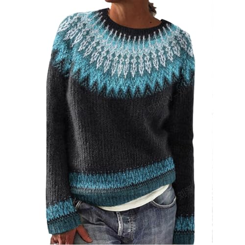 Norweger Pullover Damen Große Größen Strickpullover Rundhals Pulli Langarm Sweater Norwegermuster Warme Winterpullover Oberteile Lockere Jumpers Klamotten Winter Herbstmode,C Blau,4XL von Generic