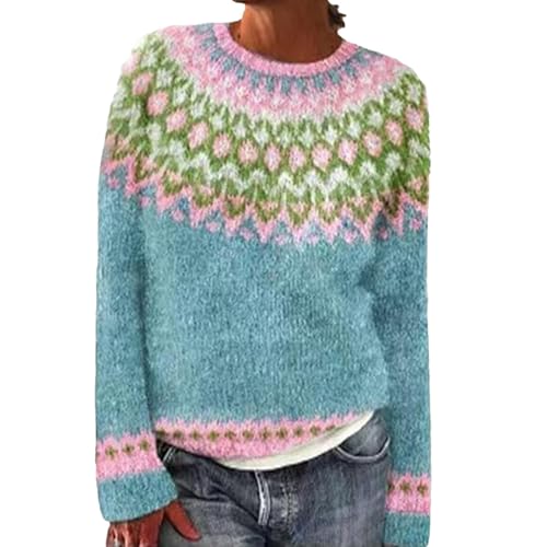 Norweger Pullover Damen Große Größen Strickpullover Rundhals Pulli Langarm Sweater Norwegermuster Warme Winterpullover Oberteile Lockere Jumpers Klamotten Winter Herbstmode,C Hellblau,L von Generic