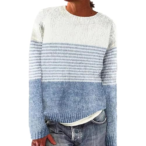 Norweger Pullover Damen Große Größen Strickpullover Rundhals Pulli Langarm Sweater Norwegermuster Warme Winterpullover Oberteile Lockere Jumpers Klamotten Winter Herbstmode,C Himmelblau,L von Generic