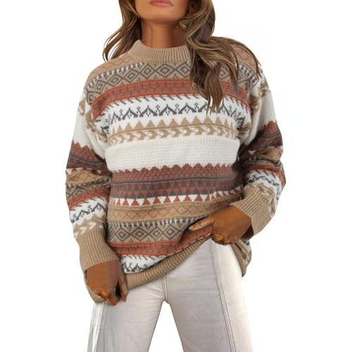 Norweger Pullover Damen Herbst Winter Strickpullover Langarm Winterpullover Warm Norwegermuster Sweatshirt Rundhals Sweater Jumpers Island Strickpulli Frauen Festliche Oberteile Pulli Damenpullover von Generic