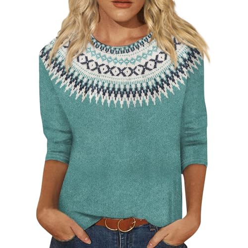 Norweger Pullover Damen Strickpullover Rundhals Pulli 3/4-Arm Pullunder Norwegermuster Warme Winterpullover Oberteile Lockere Jumpers Klamotten Teenager Mädchen Sweater,B Türkis,XL von Generic