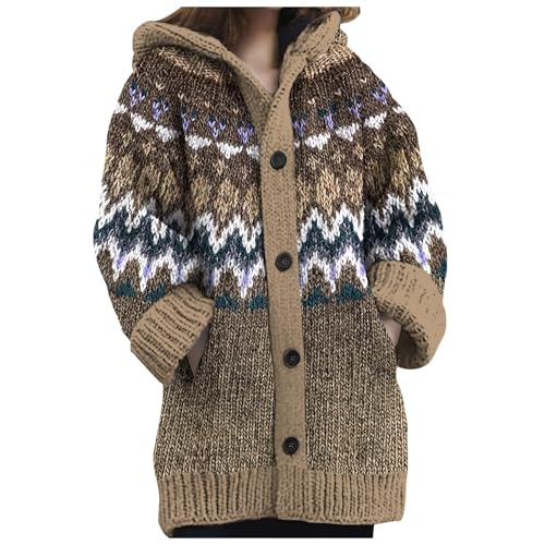 Norweger Strickjacke Damen Winter Grobstrick mit Kapuze Cardigan - Alpaka Bunt Lang Strickpullover Kapuzenjacke Knöpfen Mohair Jacquard Sweatshirt Warm Grobstrickpullover wintermantel Damen von Generic