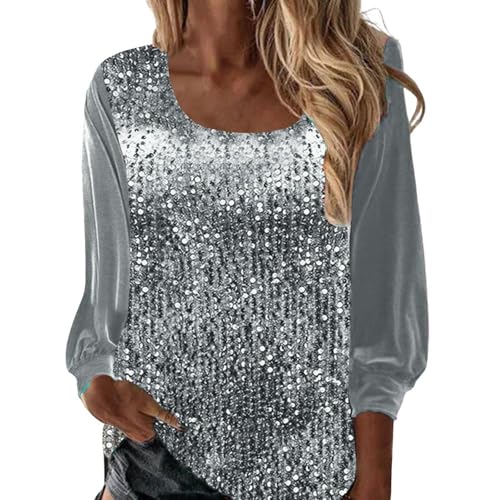 Oberteil Silber Women's Fashion Casual U Neck Loose Sequined Long Sleeve Top T Shirt Oberteil Rückenfrei (Grey, XXXL) von Generic