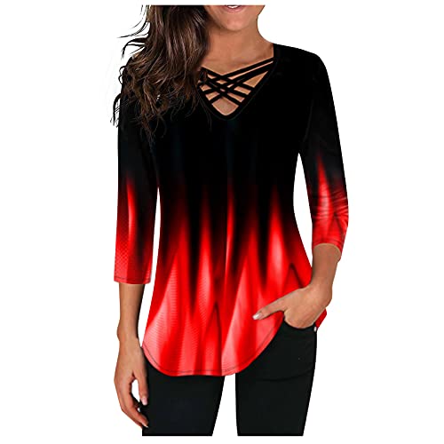 Oberteile Damen Elegant Langarmshirt Pullover Sexy V-Ausschnitt Kreuz Bandgae Oberteile Langarm T-Shirt Große Größe Gradient Farbig Lockere Casual Longshirt Tunika Top Blusen & Tuniken für Frauen von Generic