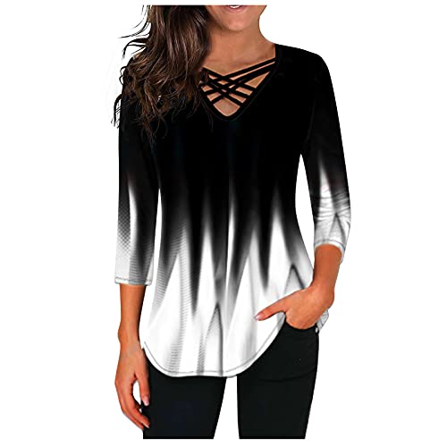 Oberteile Damen Elegant Langarmshirt Pullover Sexy V-Ausschnitt Kreuz Bandgae Oberteile Langarm T-Shirt Große Größe Gradient Farbig Lockere Casual Longshirt Tunika Top Blusen & Tuniken für Frauen von Generic