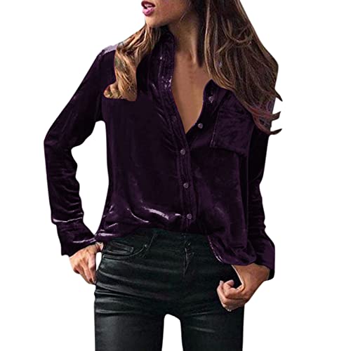 Oberteile Damen Langarm Elegant Blusenshirt Hemdbluse-Velour Langarmshirt V-Ausschnitt Hemd Mit KnöPfe Einfarbig Herbst Longshirt Locker Wickelbluse-Tunika Frauen Langarmhemd Shirt von Generic