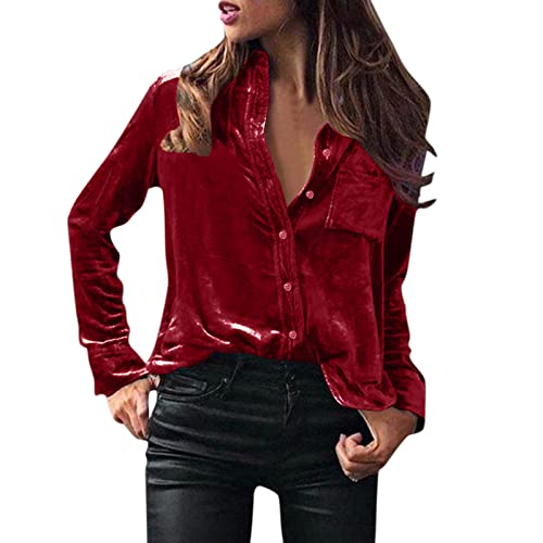 Oberteile Damen Langarm Elegant Blusenshirt Hemdbluse-Velour Langarmshirt V-Ausschnitt Hemd Mit KnöPfe Einfarbig Herbst Longshirt Locker Wickelbluse-Tunika Frauen Langarmhemd Shirt von Generic