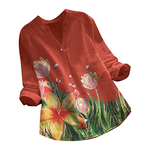 Oberteile Damen Sommer Lang Leinen Langarm V-Ausschnitt Bluse Tunika Longshirt Grosse Grössen Leinenoberteile Leinenbluse Herbstlandschaft Print Tshirt Lose Elegant Pullover T Shirt Tops von Generic