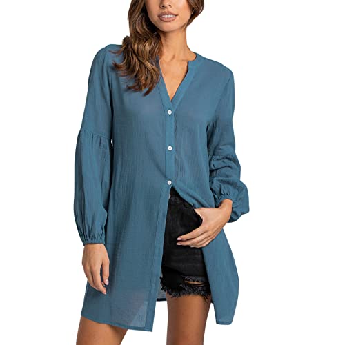 Oberteile Damen Sommer Langarm Button Down Shirts Kleider Cover up Bikini Damen-Blusenkleid mit V-Ausschnitt und Langarm von Generic