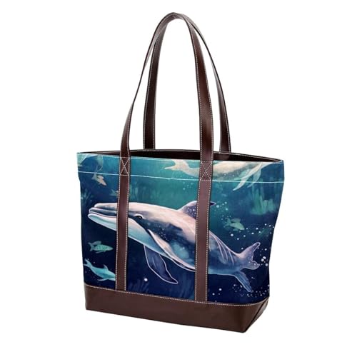 Ocean Whales-2190 Schulter-Geldbörsen für Damen, groß, weiches gewaschenes Leder und strapazierfähige Handtaschen, Mehrfarbig 04, 33.8x12x31cm/13.3x4.7x12.2 in von Generic