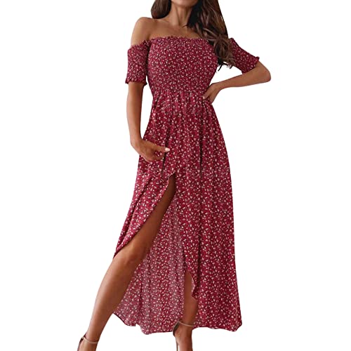 Off Shoulder Kleid Damen Boho Kleid Kurzarm Maxikleider Wickelkleid Strandkleid V-Ausschnitt Blumenkleid Lange Sommerkleider mit Schlitz von Generic