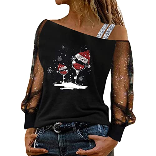 Off Shoulder Weihnachtsshirt Damen Glitzer Chritmas Weinglas Drucken Oberteile Pullover Mesh Langarm Tunika Tops Langarmshirts Bluse Elegant Slim Fit Tshirts Weihnachtsbluse Weihnachtspullover von Generic