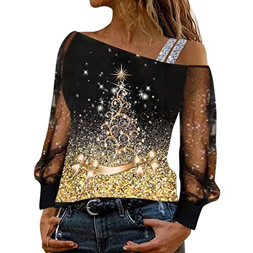 Off Shoulder Weihnachtsshirt Damen Glitzer Chritmas Weinglas Drucken Oberteile Pullover Mesh Langarm Tunika Tops Langarmshirts Bluse Elegant Slim Fit Tshirts Weihnachtsbluse Weihnachtspullover von Generic