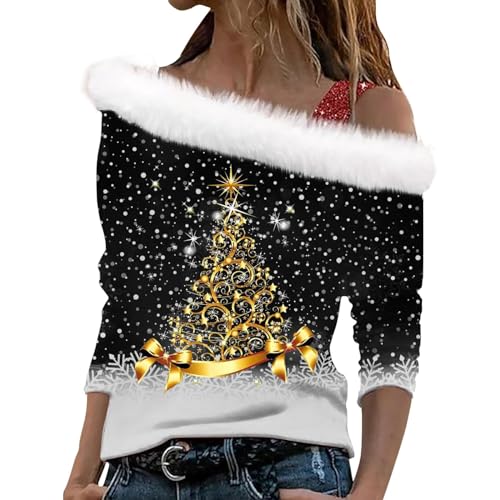 Off Shoulder Weihnachtsshirt Damen Glitzer Chritmas Weinglas Drucken Oberteile Pullover Mesh Langarm Tunika Tops Langarmshirts Bluse Elegant Slim Fit Tshirts Weihnachtsbluse Weihnachtspullover von Generic