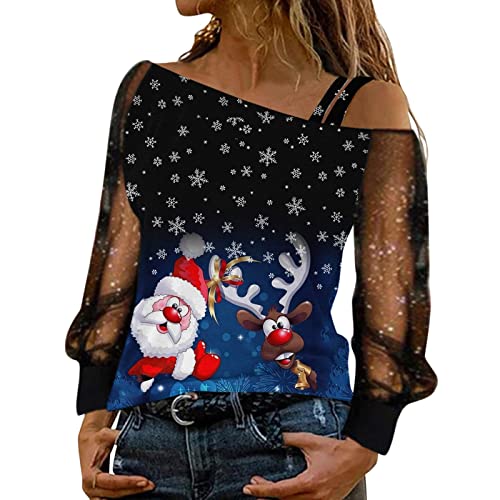 Off Shoulder Weihnachtsshirt Damen Glitzer Chritmas Weinglas Drucken Oberteile Pullover Mesh Langarm Tunika Tops Langarmshirts Bluse Elegant Slim Fit Tshirts Weihnachtsbluse Weihnachtspullover von Generic