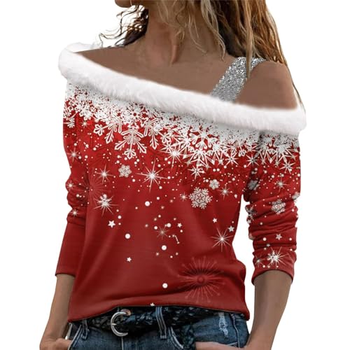 Off Shoulder Weihnachtsshirt Damen Glitzer Chritmas Weinglas Drucken Oberteile Pullover Mesh Langarm Tunika Tops Langarmshirts Bluse Elegant Slim Fit Tshirts Weihnachtsbluse Weihnachtspullover von Generic