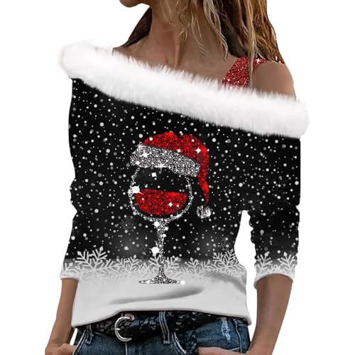 Off Shoulder Weihnachtsshirt Damen Glitzer Chritmas Weinglas Drucken Oberteile Pullover Mesh Langarm Tunika Tops Langarmshirts Bluse Elegant Slim Fit Tshirts Weihnachtsbluse Weihnachtspullover von Generic