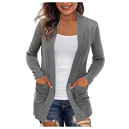 Offene Damenpullover mit Taschen vorne Casual Cardigans Leichte Strickjacke Damen Mantel Strickjacken, grau, 42 von Generic