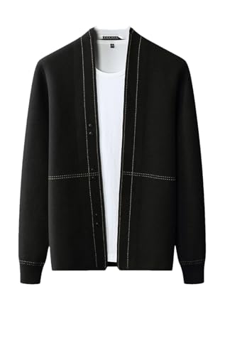 Offene Front Woolen Cardigan Jacke Herren V-Ausschnitt Strickjacke Pullover Casual Stiching Strickpullover, Schwarz , X-Large von Generic