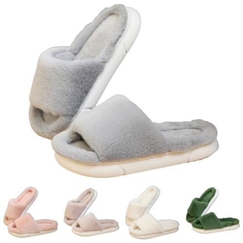 Offene Schlupfschuhe Damen, Winterschuhe Damen Gefüttert Hausschuhe Warm Hauspantoffeln Plüsch Slipper Elegant Hüttenschuhe Rutschfest Pantoffeln Flauschig Baumwollhausschuhe Bequem Haushaltsschuhe von Generic