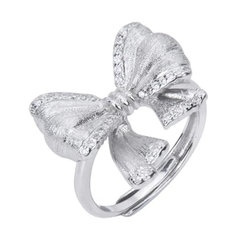 Offener Ring aus 925er Sterlingsilber mit gebürstetem, mattiertem Zirkonia und Schleife, verstellbar, minimalistischer Schmuck für Damen von Generic