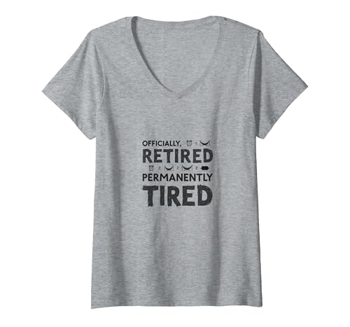 Officially Retired Permanent Tired Men Retirement Humor T-Shirt mit V-Ausschnitt, Damen, Grau Meliert, XL von Generic