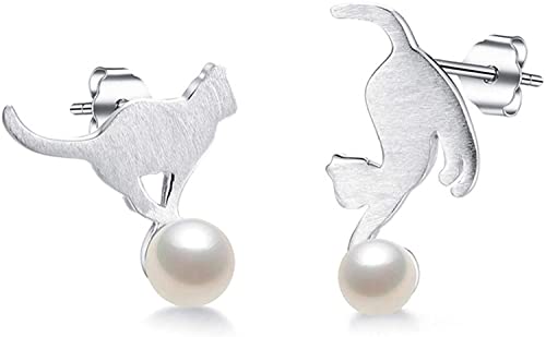 Ohrringe, Katze, Perle, Silber, gebürstet, unregelmäßig, asymmetrisch, niedlich, Geschenk für Frauen und Mädchen von Generic