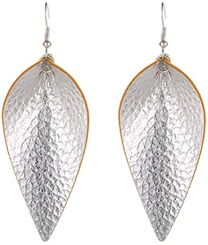 Ohrringe aus echtem PU-Leder in Tropfenform, leichte Blatt-Form, für Frauen und Mädchen, Blattfarbe, silberfarben von Generic