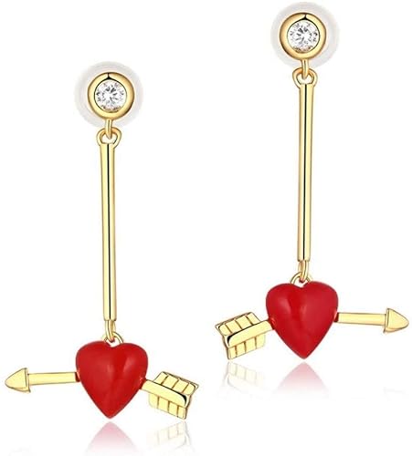 Ohrringe für Damen, Sterlingsilber, Eros-Pfeil, synthetische rote Koralle, herzförmig, langer Anhänger, Ohrlinie von Generic