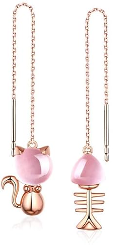 Ohrringe für Damen, Sterlingsilber, Katze und Fisch, rosa Kristall, modisch, Tier, asymmetrischer Quastenanhänger, Ohrlinie von Generic