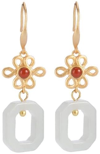 Ohrringe für Damen, Sterlingsilber, natürliche Hetian-Weiß-Jade, Glücksknoten, Temperament, quadratische Ohrhaken von Generic