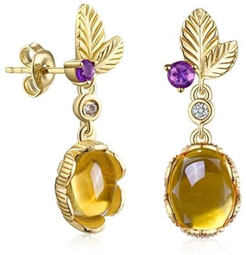 Ohrringe für Damen, Sterlingsilber, natürlicher Citrin-Tropfenanhänger, glänzende Pflanzenblatt-Kristallohrringe von Generic