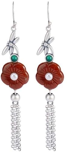 Ohrringe für Damen, Sterlingsilber, roter Achat, Vintage, Pflaume, Persönlichkeit, Fransen, Temperament, Ohrhaken von Generic