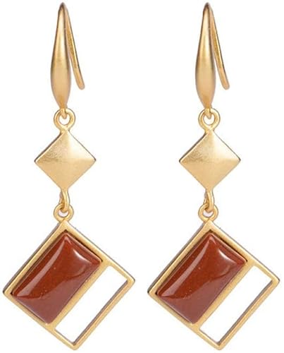 Ohrringe für Damen, Sterlingsilber, vergoldet, natürlicher roter Achat, Persönlichkeitsanhänger, hohler Ohrhaken von Generic