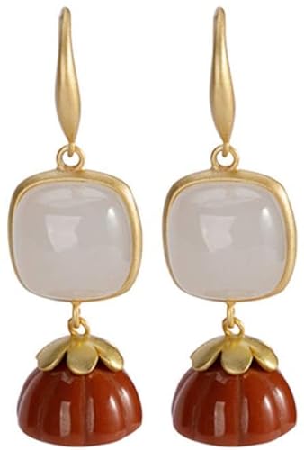 Ohrringe für Damen, Sterlingsilber, vergoldet, roter Achat-Anhänger, weißer Jade-Persönlichkeits-Ohrhaken von Generic
