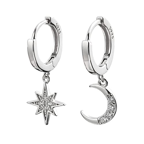 Ohrringe für Damen 925 Sterling Silber Shiny Star Moon Asymmetrische Creolen For Frauen & MäDchen Gold & Silber Farbe Party Schmuck Geschenke von Generic